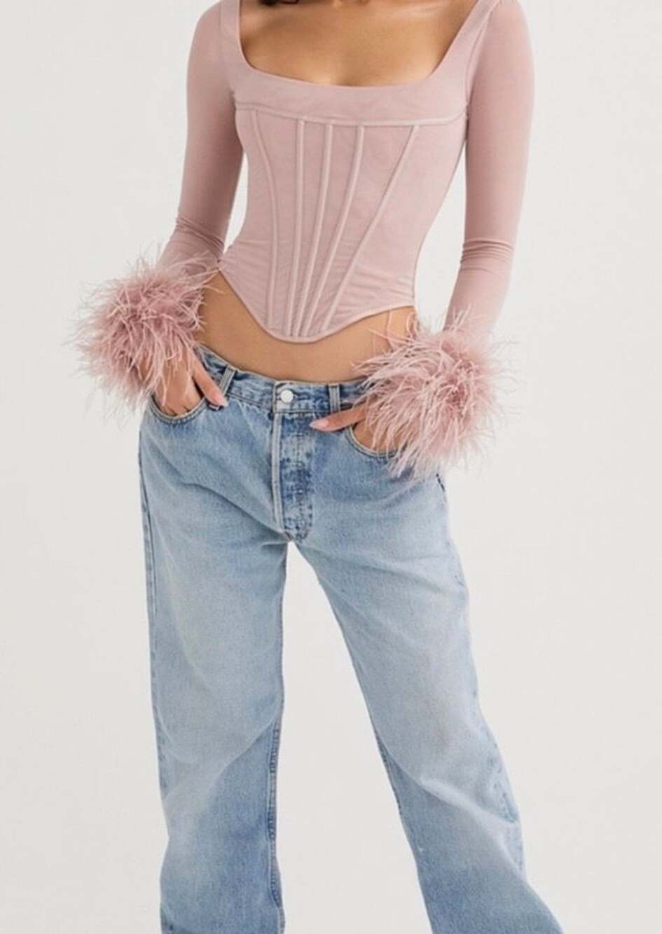 House of CB Faith Corset Top Size S Blush Feather Trim Mesh Long Sleeve